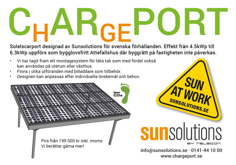 Solelscarport designad av Sunsolutions för svenska förhållanden. Effekt från 4.5kWp till 6.3kWp uppförs som bygglovsfritt Attefallshus där byggrätt på fastigheten inte påverkas. Vi har tagit fram ett montagesystem för täta tak som med fördel också kan användas på uterum eller växthus. Finns i olika utföranden med billaddare som tillbehör. Designen kan anpassas efter individuella önskemål och behov. Pris från 199 000 kr inkl. moms